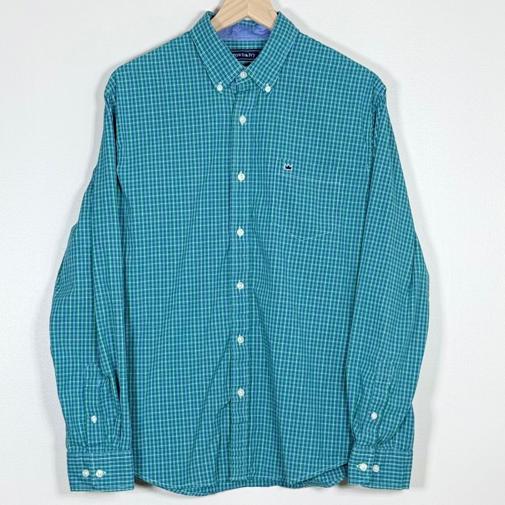 Crown & Ivy Mens Button Down Shirt Size M Green Blue Classic Fit Plaid Preppy